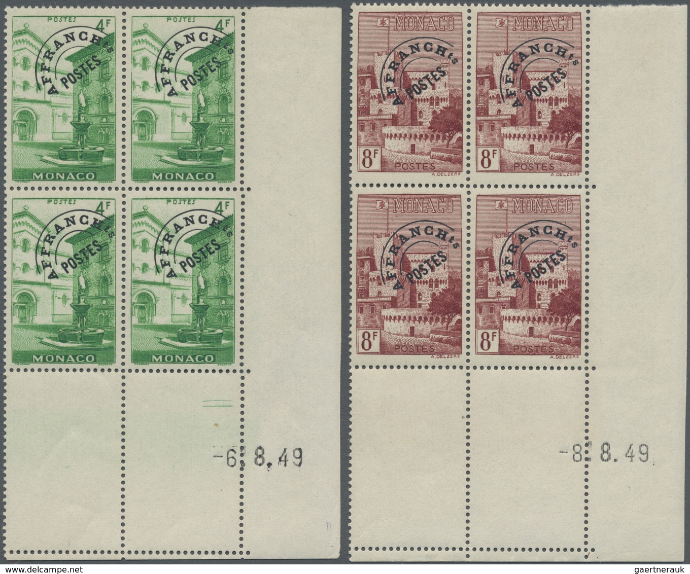 ** Monaco: 1949/1950, Five Stamps With Advance Cancellation In Blocks Of Four With Print Date On Corner - Ungebraucht