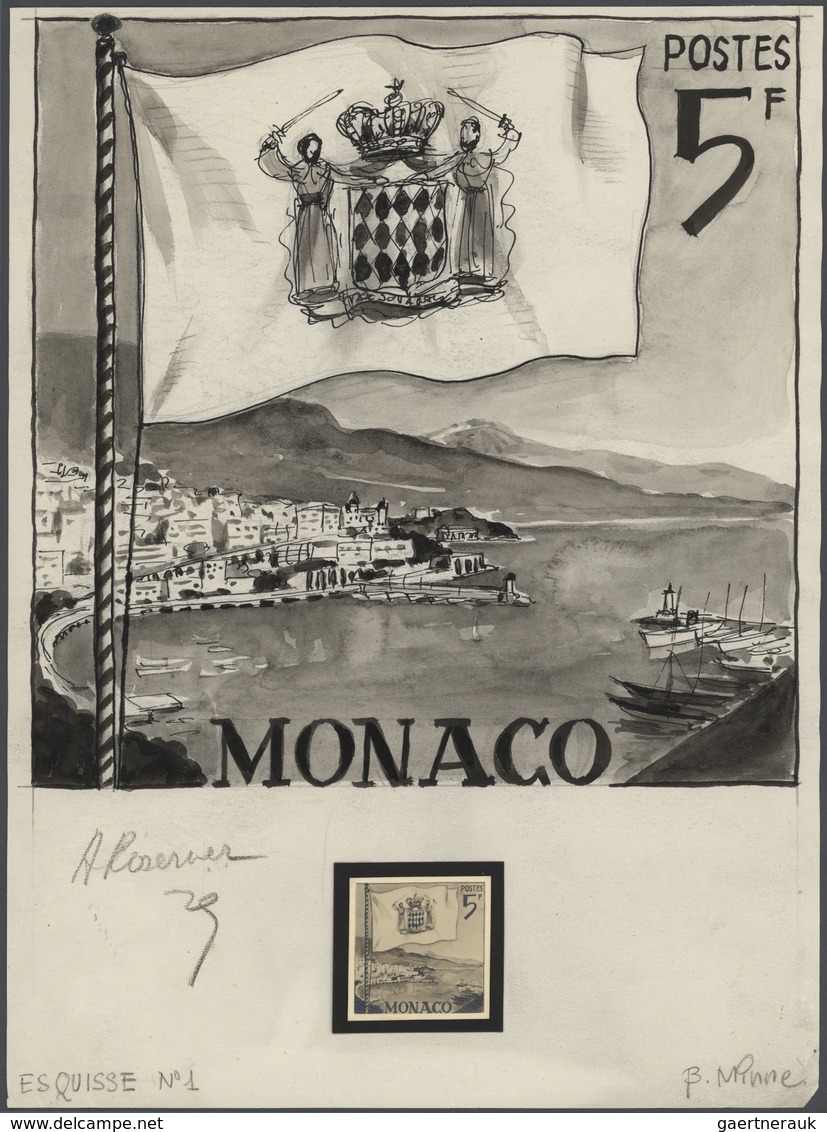 Monaco: 1950s (approx). Original Artist's Painting For A Non-adopted Stamp Design "5fr Monaco-Flag O - Ongebruikt