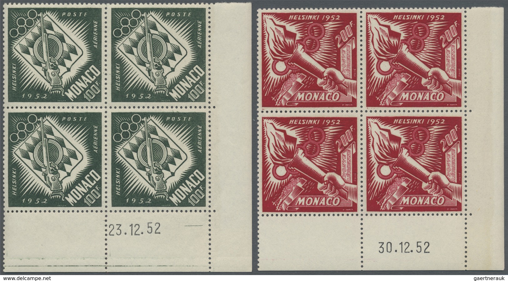 ** Monaco: 1953, 40 Fr To 200 Fr Flight Post Stamps In Blocks Of Four With Print Date On Corner Margin, - Ongebruikt