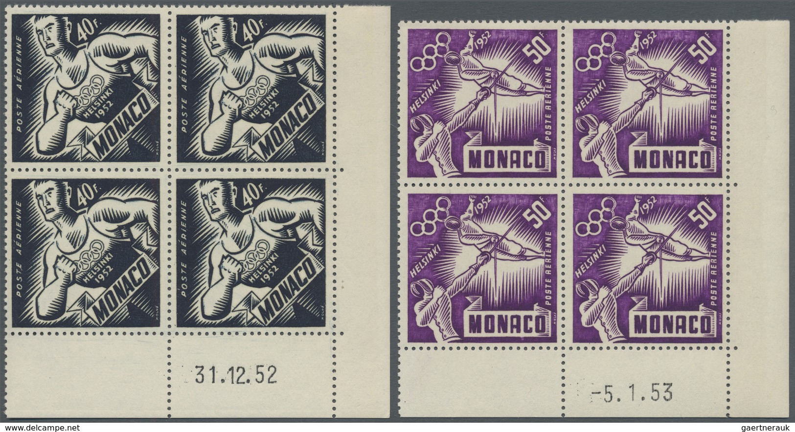 ** Monaco: 1953, 40 Fr To 200 Fr Flight Post Stamps In Blocks Of Four With Print Date On Corner Margin, - Ongebruikt