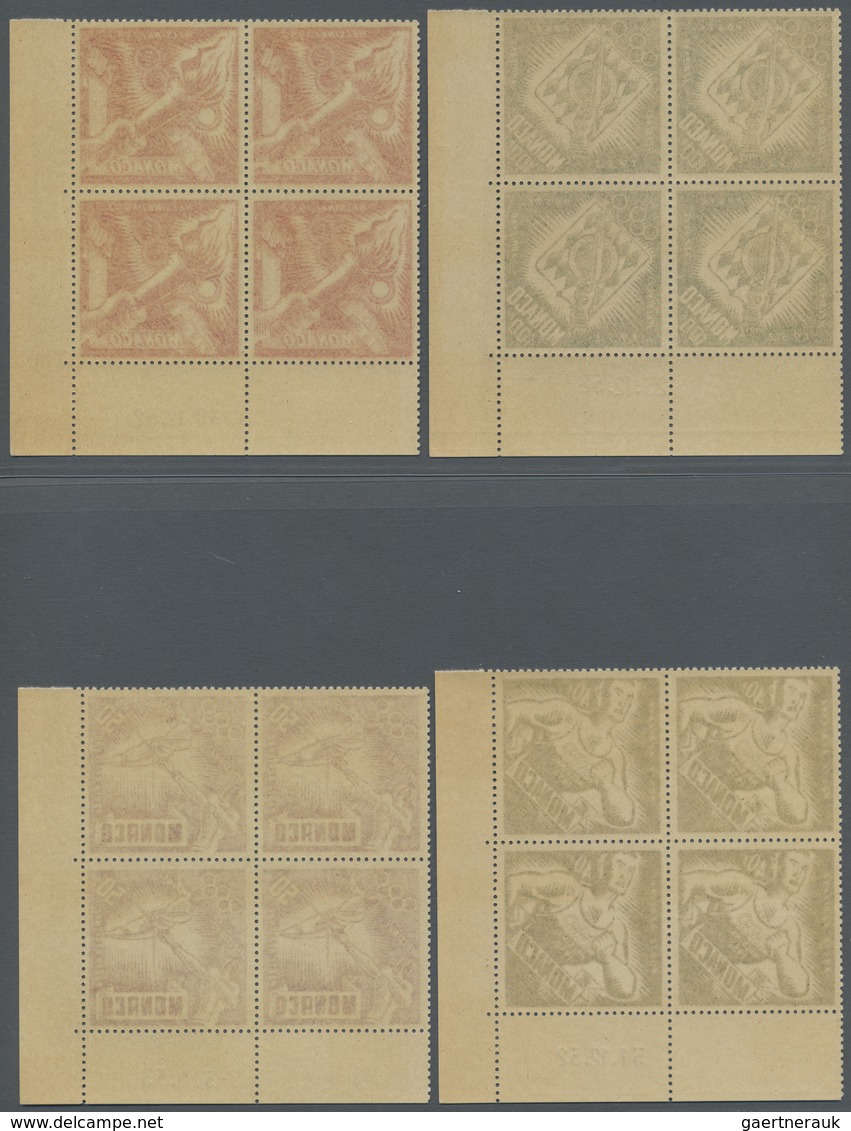 ** Monaco: 1953, 40 Fr To 200 Fr Flight Post Stamps In Blocks Of Four With Print Date On Corner Margin, - Neufs