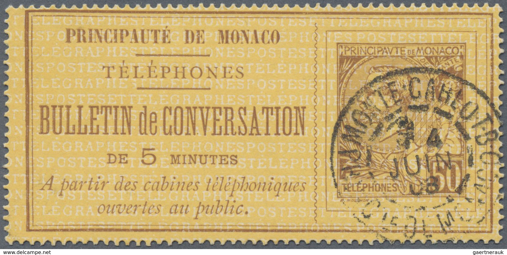 GA Monaco - Besonderheiten: 1891, Telephone Billet 50c. Brown On Yellow, Neatly Cancelled "MONTE CARLO - Autres & Non Classés