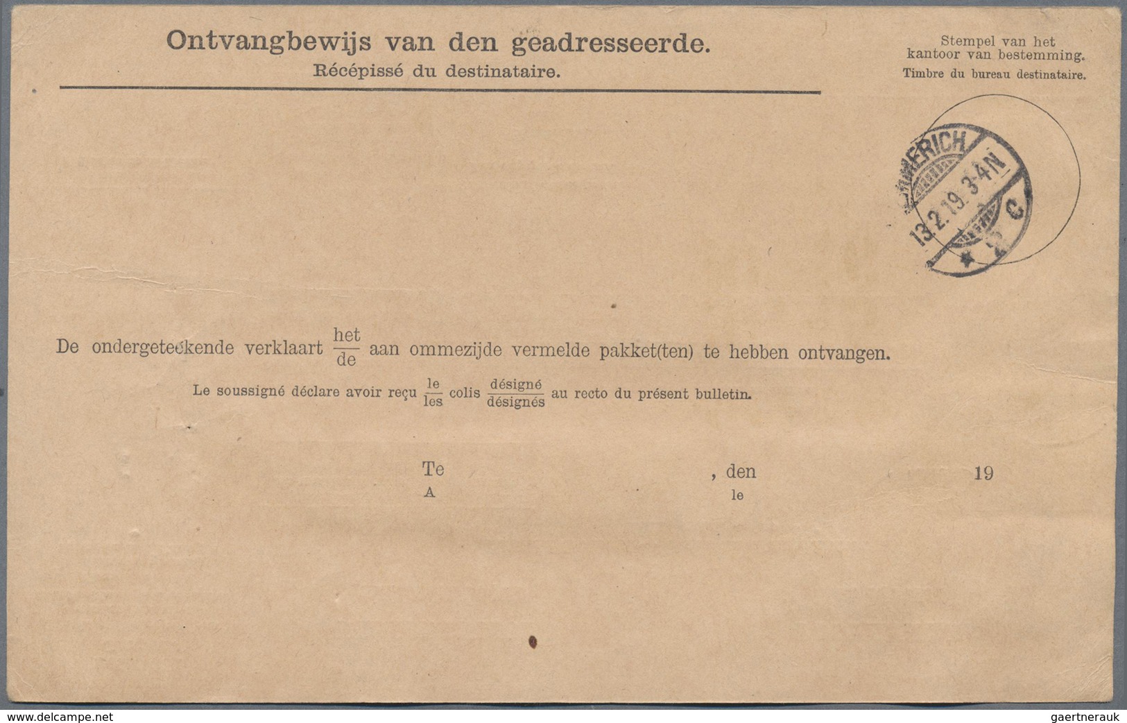Br Niederlande: 1919, 3x 1 Gulden, 12½ C And 25 Con Parcel-card Sent From "AALTEN 12.II.1919" To Norway - Andere & Zonder Classificatie