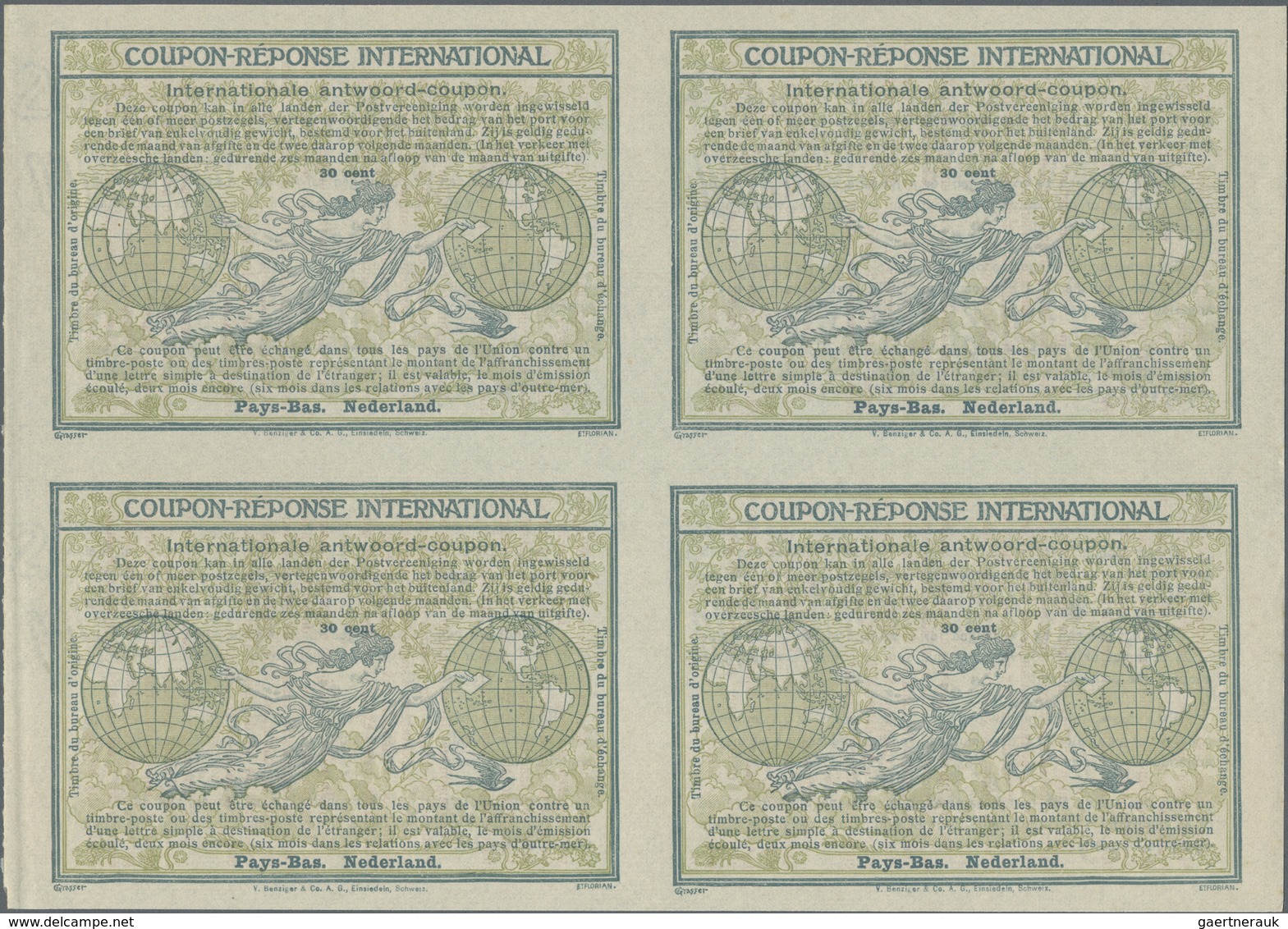 GA Niederlande - Ganzsachen: Design "Madrid" 1920 International Reply Coupon As Block Of Four 30 Cent N - Entiers Postaux