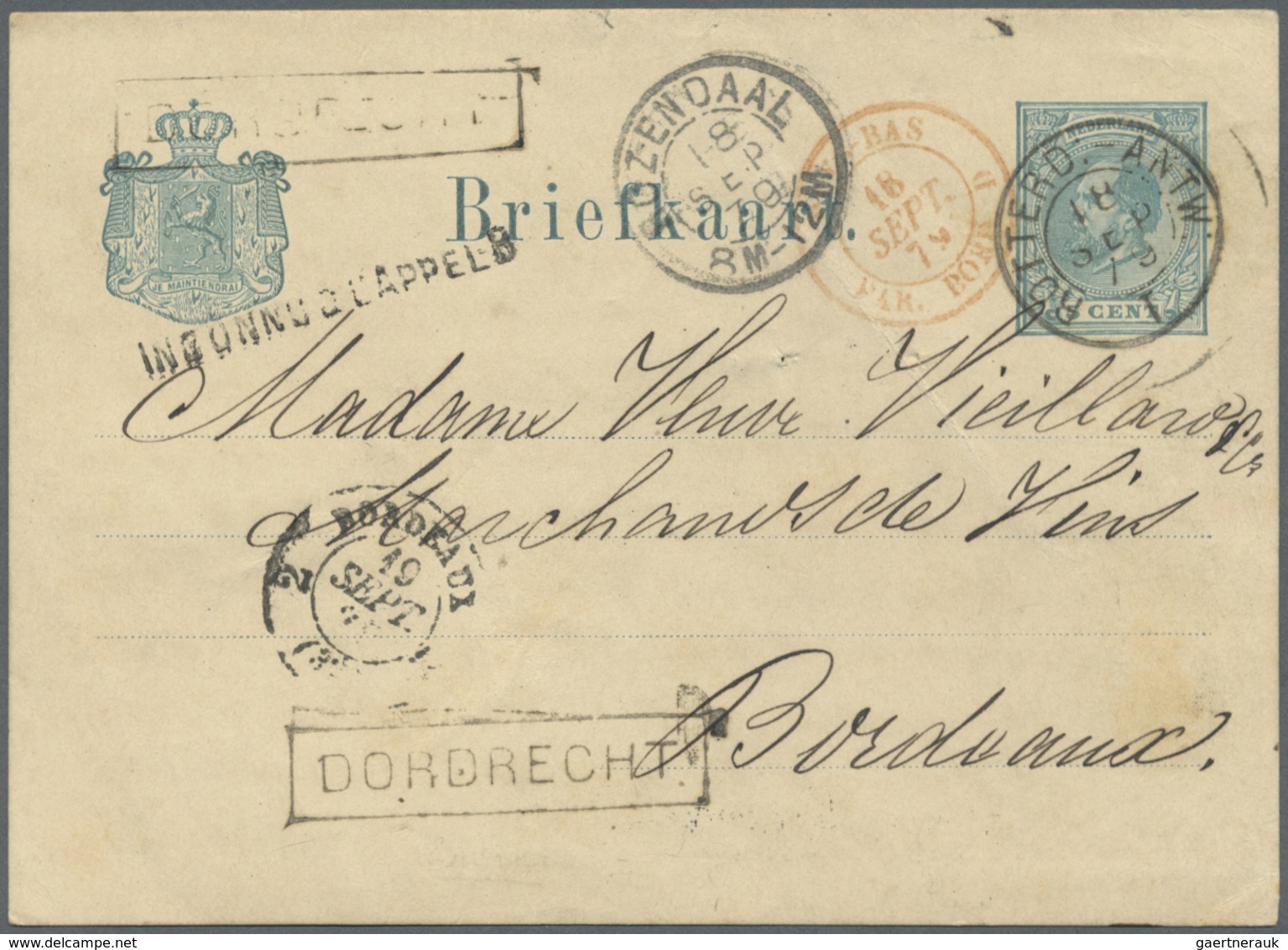 GA Niederlande - Stempel: 1879, 5 Cent Ganzsachenkarte Ab DORDRECHT Nach Bordeaux Mit Bahnpoststempel " - Poststempels/ Marcofilie