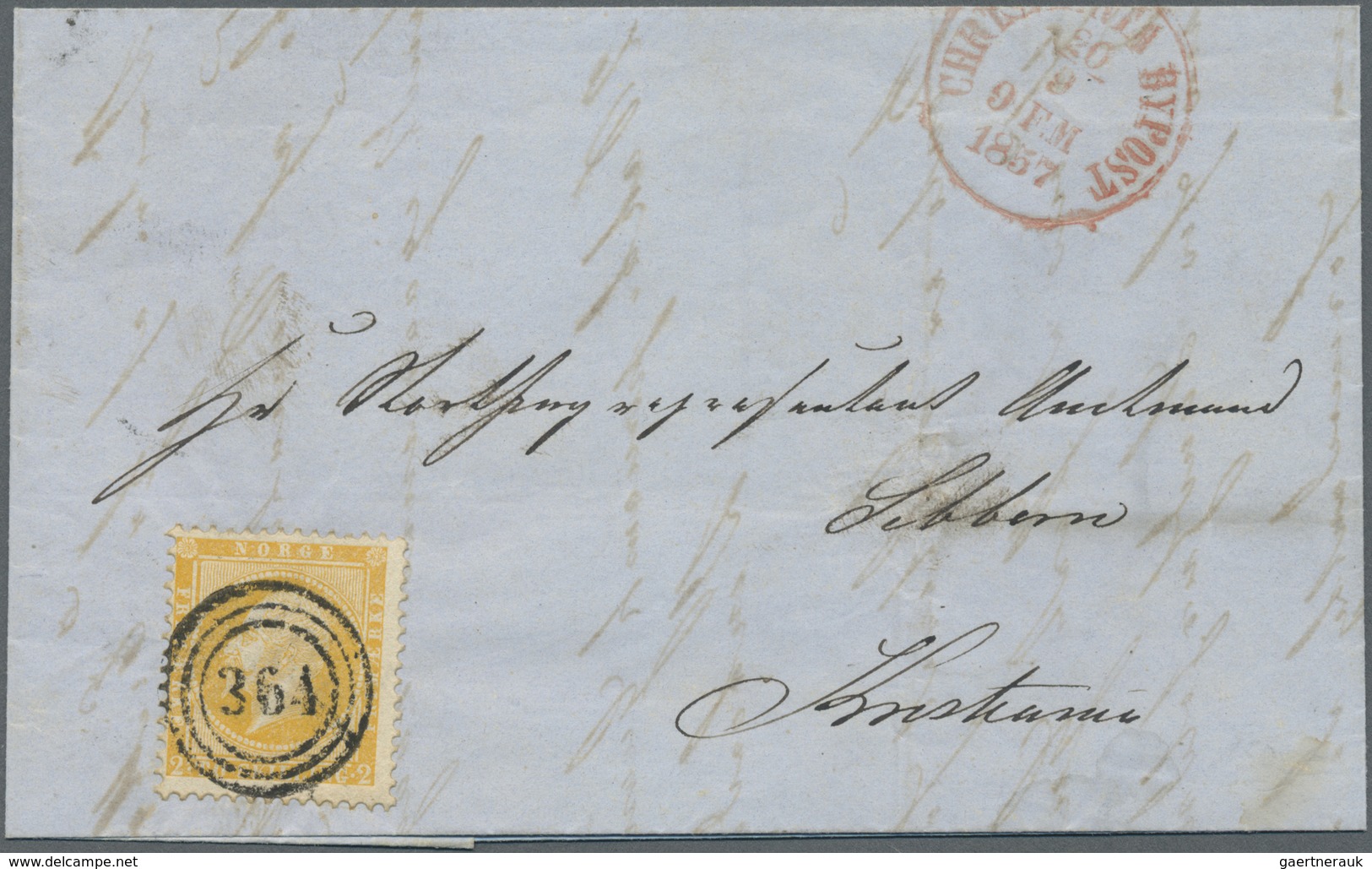 Br Norwegen: 1857, King  Oskar I. 2 Sk. Orange-yellow Tied By Clear Numeral Mark "364" To Local Envelop - Unused Stamps