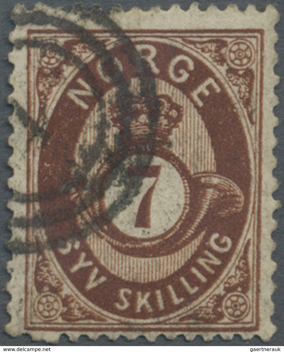 O Norwegen: 1875, Shaded Posthorn 7 Sk. Brown Tied By Danish Numeral "1" (Copenhagen), Fine, Signed Mo - Ungebraucht