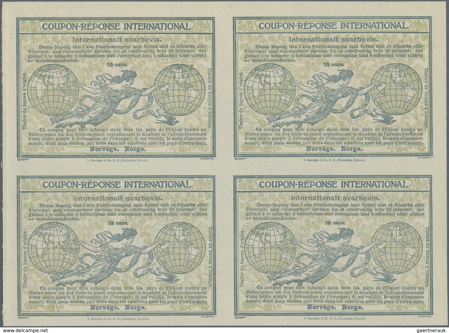 GA Norwegen - Ganzsachen: Design "Madrid" 1920 International Reply Coupon As Block Of Four 70 Oere Norg - Entiers Postaux