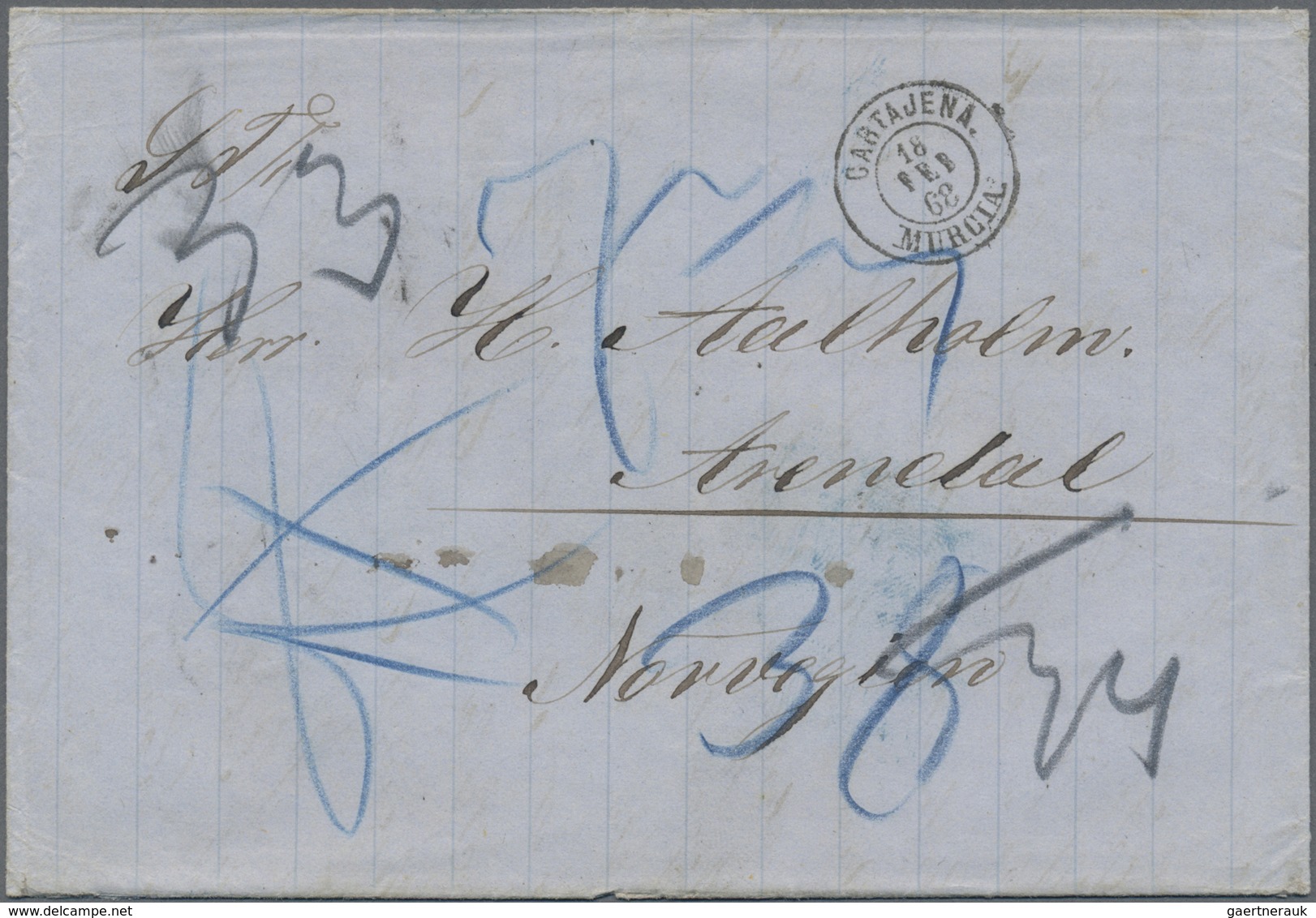 Br Norwegen - Besonderheiten: 1868, Incoming Mail Aus Spanien: Portobrief Mit K2 "CARTAJENA MURCIA 18 F - Autres & Non Classés