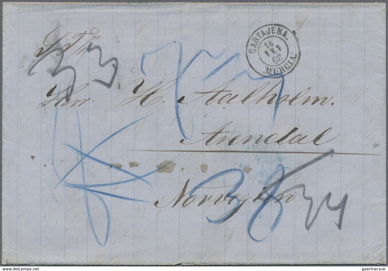 Br Norwegen - Besonderheiten: 1868, Incoming Mail Aus Spanien: Portobrief Mit K2 "CARTAJENA MURCIA 18 F - Andere & Zonder Classificatie