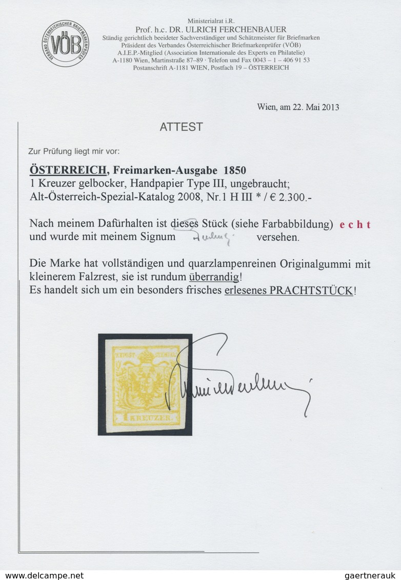 * Österreich: 1850/54: 1 Kreuzer Gelbocker, Handpapier Type III, Ungebraucht. Laut Dr. Ferchenbauer: " - Unused Stamps