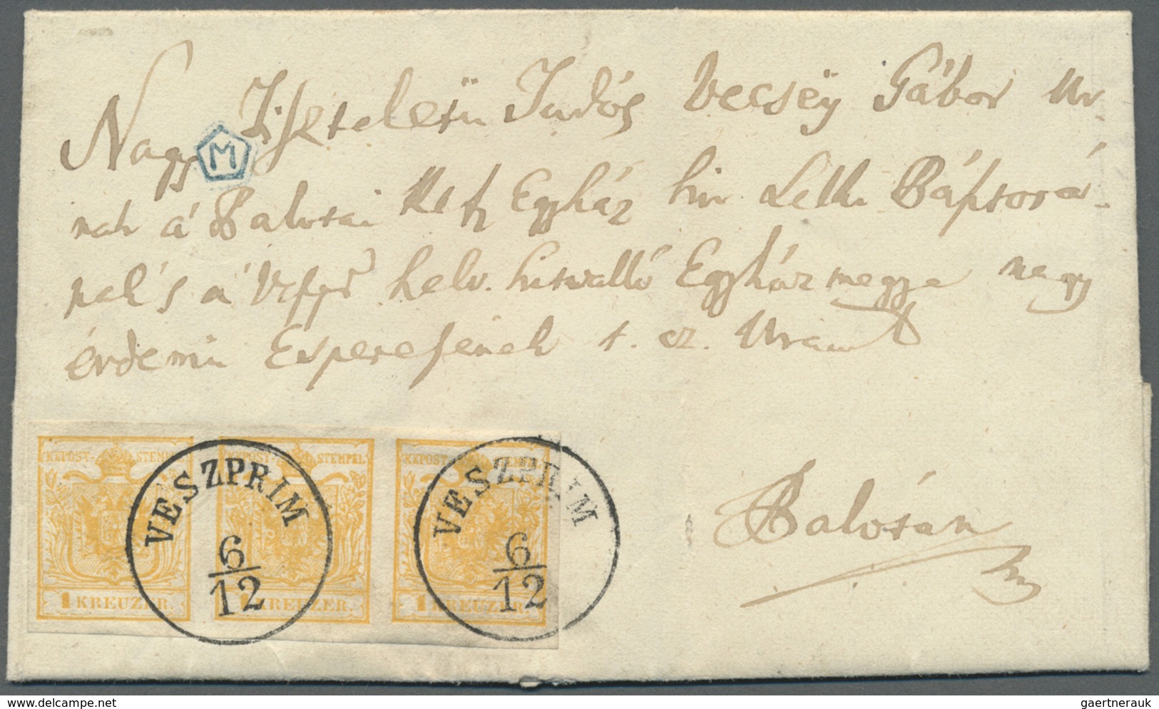 Br Österreich: 1850, 1Kreuzer Orange Im Waager. 3er-Streifen Type Ia Entwertet Mit 2 Idealen K1 "VESZPR - Unused Stamps