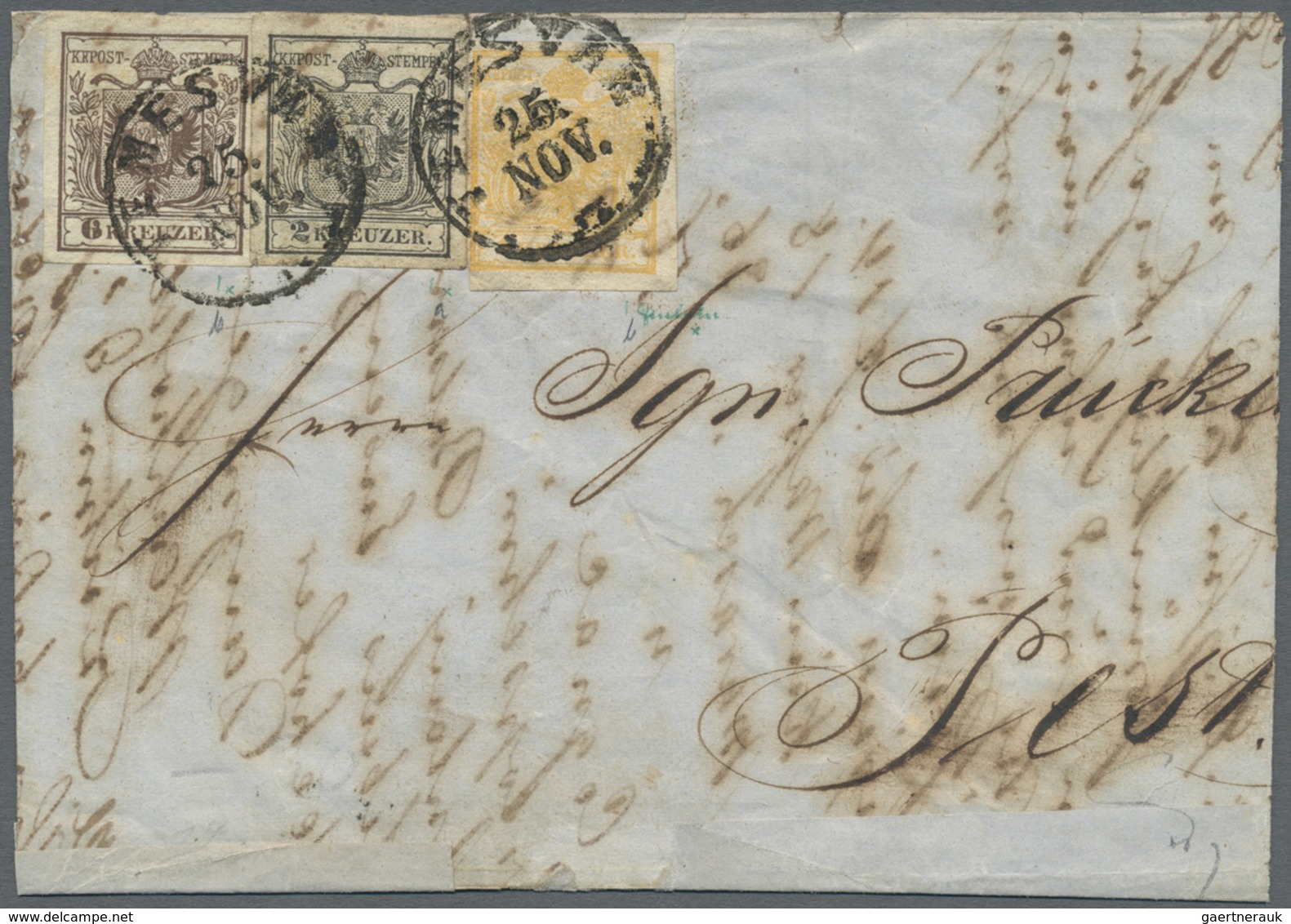 Br Österreich: 1850, Brief Mit Dreifarbenfrankatur 1 Kr. Orangeocker, 2 Kr. Schwarz Und 6 Kr. Kastanien - Unused Stamps
