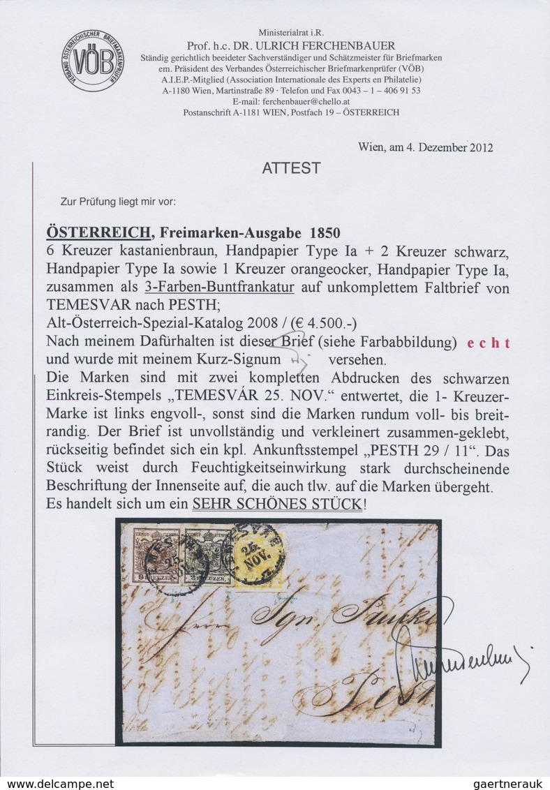 Br Österreich: 1850, Brief Mit Dreifarbenfrankatur 1 Kr. Orangeocker, 2 Kr. Schwarz Und 6 Kr. Kastanien - Neufs