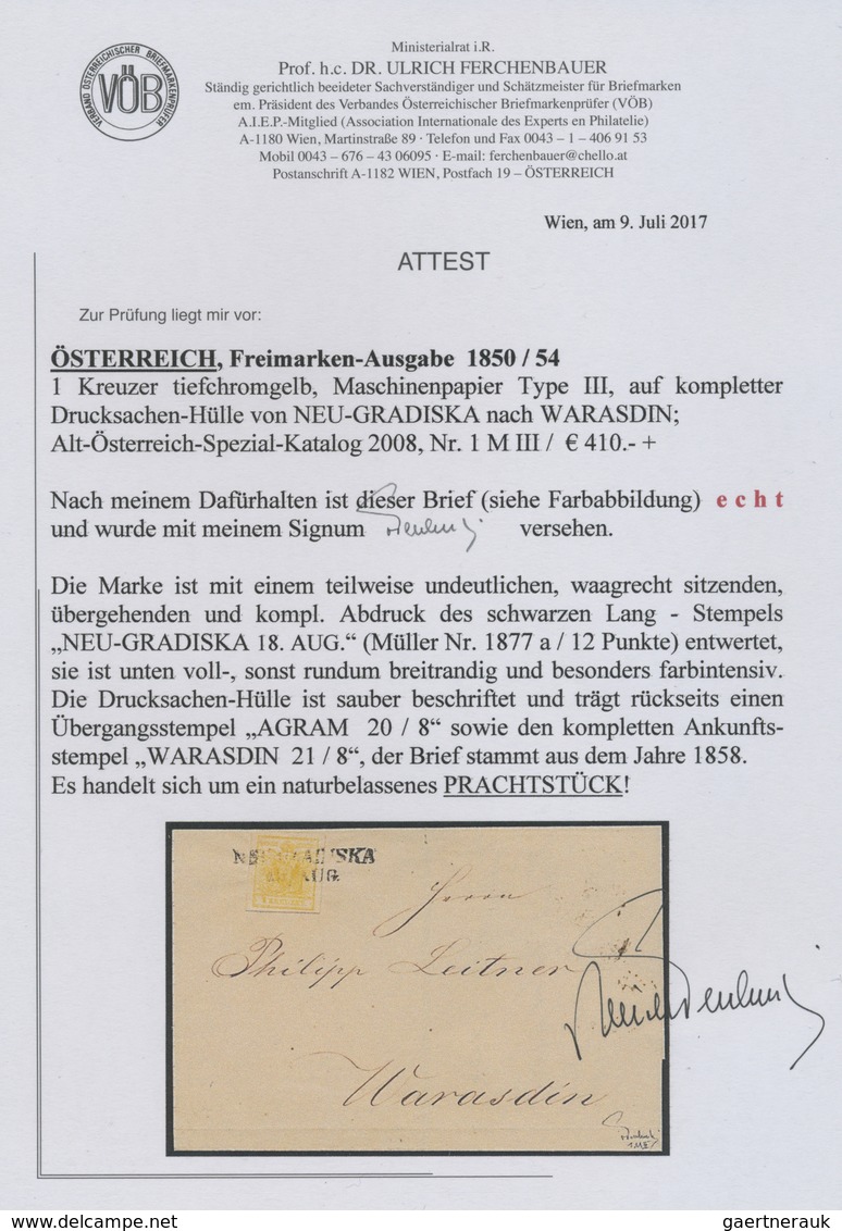 Br Österreich: 1850, 1 Kreuzer Tiefchromgelb Type III Auf Kompletter Drucksachen-Hülle Mit L2 NEU-GRADI - Neufs