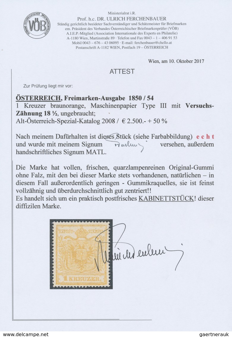 ** Österreich: 1850/54, 1 Kr. Braunorange, Maschinenpapier Type III Mit Versuchs-Zähnung 18½ Postfrisch - Nuevos