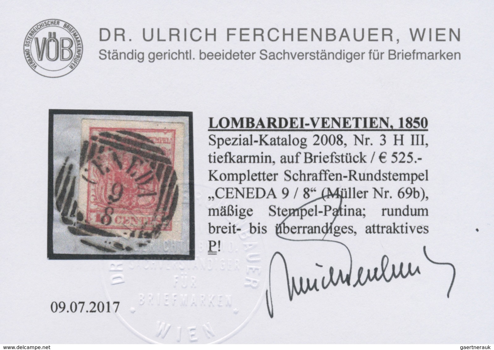 Brfst Österreich: 1850, 10 C Tiefkarmin Mit Schraffen-Rundstempel "CENEDA" (Müller 69b) Entwertet, Rundum - Unused Stamps