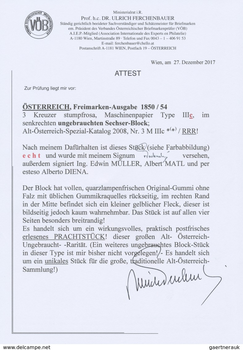 * Österreich: 1850/54: 3 Kreuzer Stumpfrosa, Maschinenpapier Type III C, Im Senkrechten Ungebrauchten - Neufs