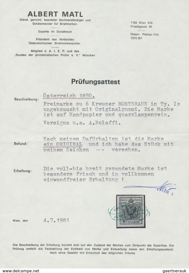 * Österreich: 1850/54: Wappenzeichnung 6 Kreuzer Rostbraun, Handpapier Type I C, In Der Für Diese Type - Neufs