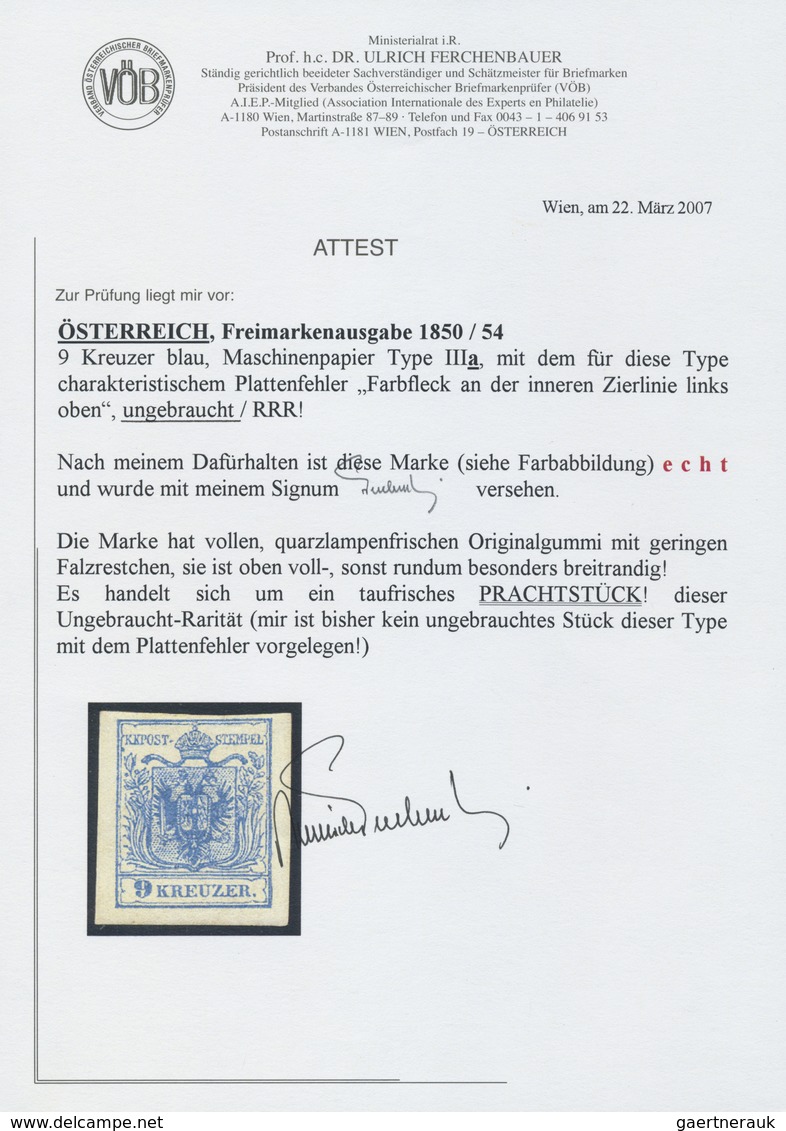 * Österreich: 1850/54: 9 Kreuzer Blau, Maschinenpapier Type III A, Mit Dem Für Diese Type Charakterist - Unused Stamps