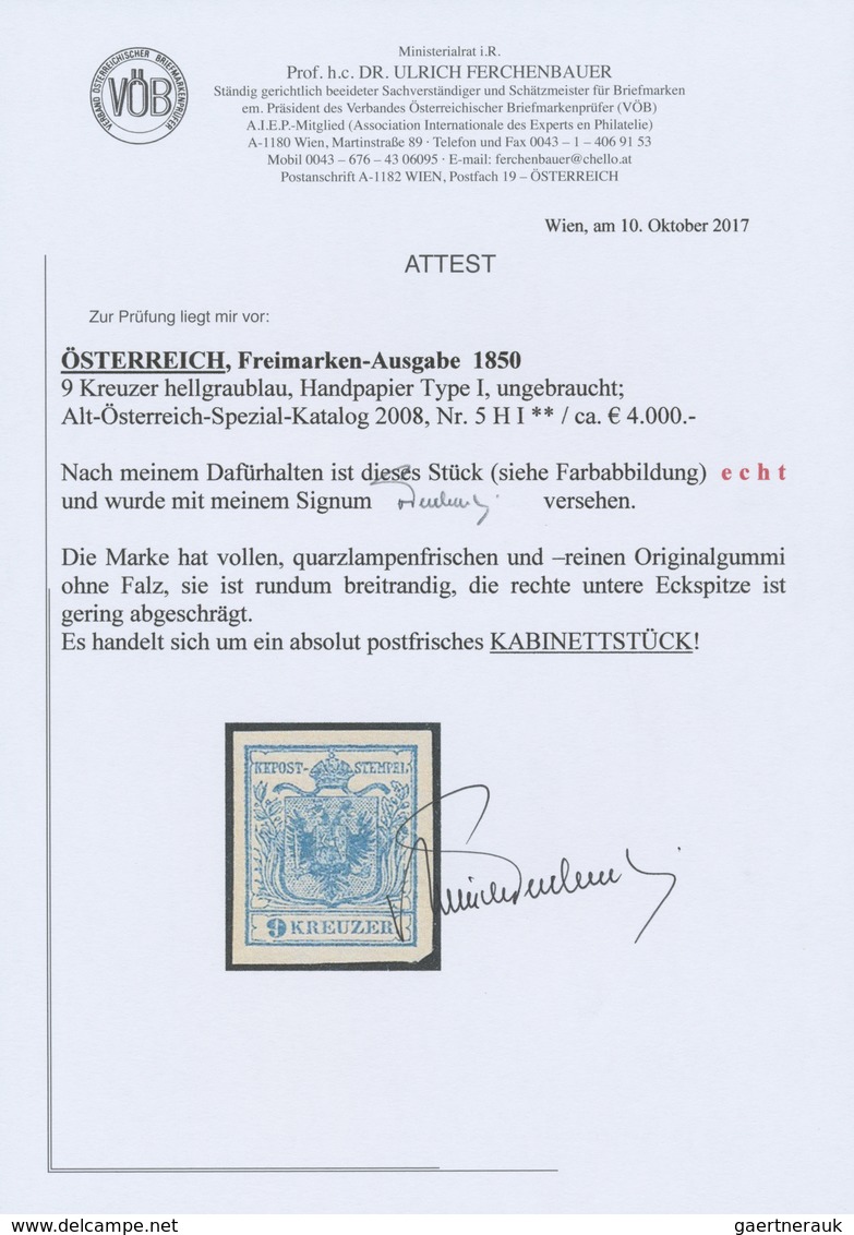 ** Österreich: 1850, 9 Kr. Hellgraublau, Handpapier Type I, Postfrisch, Laut Fotoattest Dr. Ferchenbaue - Ungebraucht