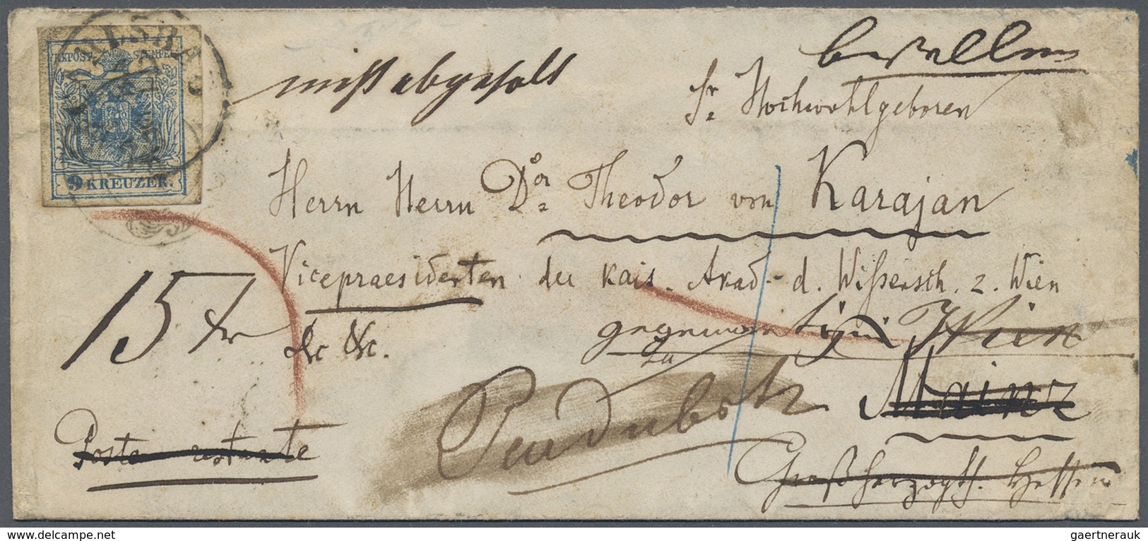 Br Österreich: 1858, 9 Kreuzer Blau Als Einzelfrankatur Als POSTLAGERSENDUNG Aufgegebener Brief Von Car - Unused Stamps