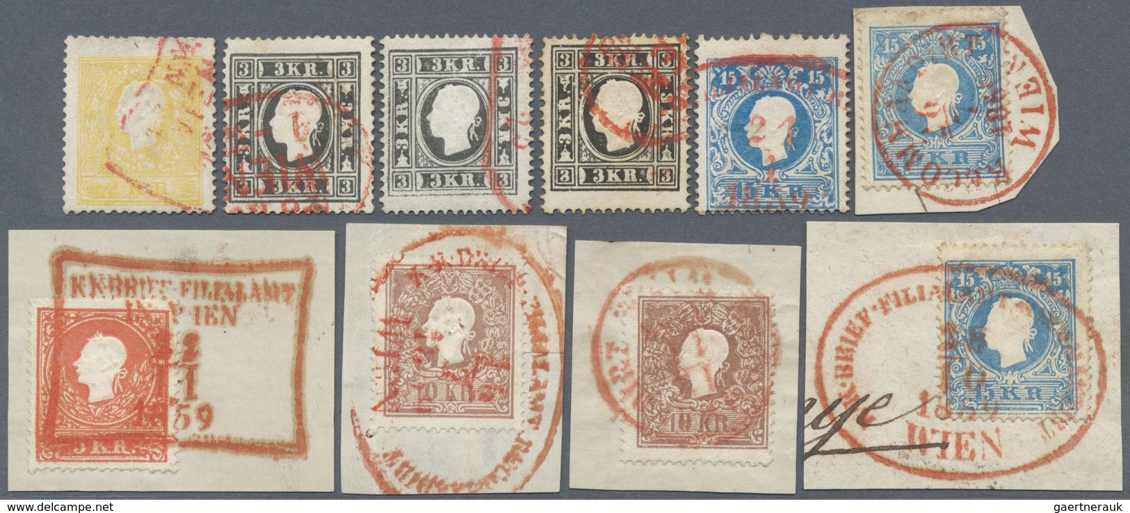 O/Brfst Österreich: 1858, Freimarken Franz Joseph, Lot Von 10 Marken, Entwertet Mit Seltenen Rotstempeln Und - Unused Stamps