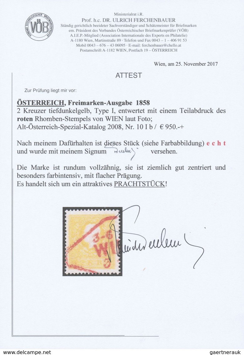 O Österreich: 1858, Freimarke Kaiser Franz Joseph 2 Kr. Dunkelgelb, Type I, Entwertet Mit Einem Teilab - Neufs