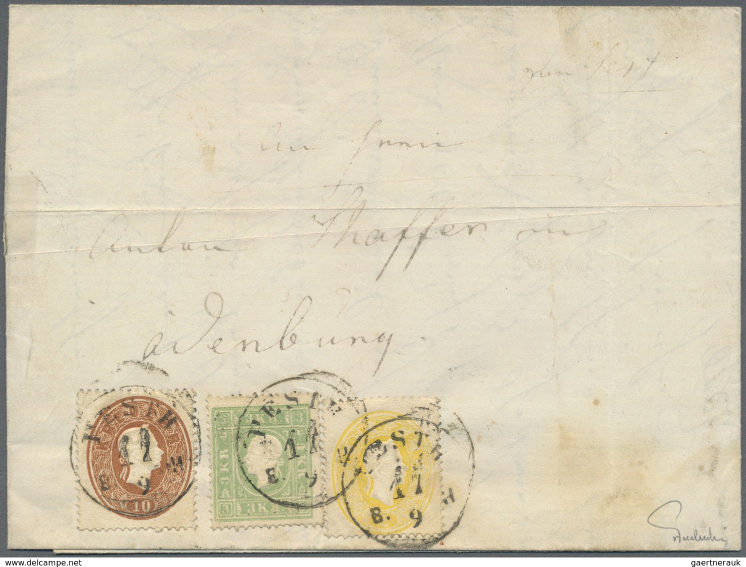 Br Österreich: 1858: 3 Kr. Grün In Mischfrankatur Mit 2 Kr. Gelb Und 10 Kr. Braun Auf Brief, K1 "PESTH - Neufs