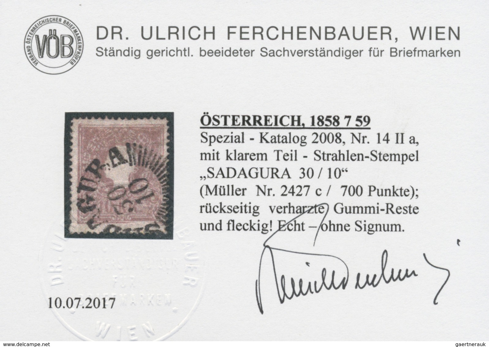 O Österreich: 1858, 10 Kreuzer Mit Strahlenstempel SADAGURA Entwertet (Müller Nr. 2427c/700 Pkte.), Rü - Neufs