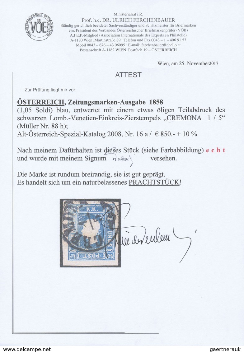 O Österreich: 1858, (1,05 Soldi) Zeitungsmarke Blau, Farbfrisches Und Rundum Breitrandig Geschnittenes - Neufs