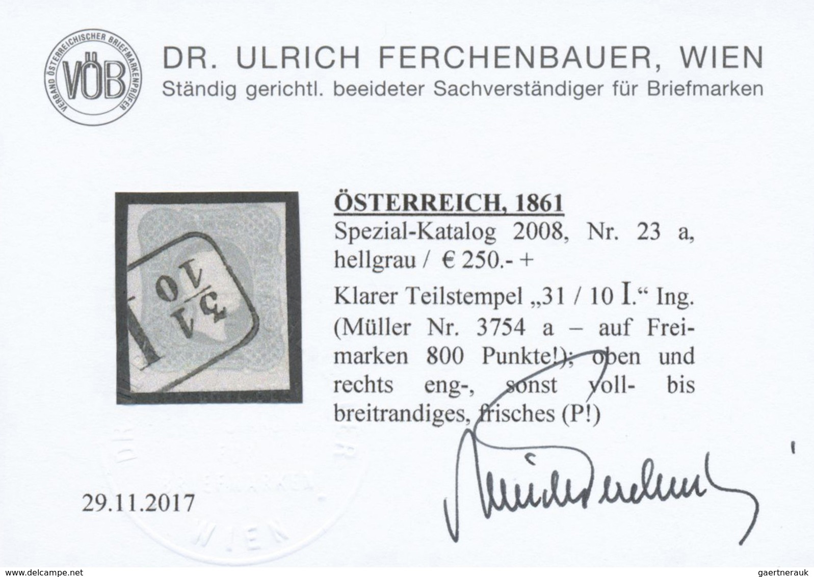 O Österreich: 1861, 1.05 Kr. Hellgrau, Farbfrisch, Klarer Teilstempel "31 / 10 I." (Müller Nr. 3754 A - Neufs