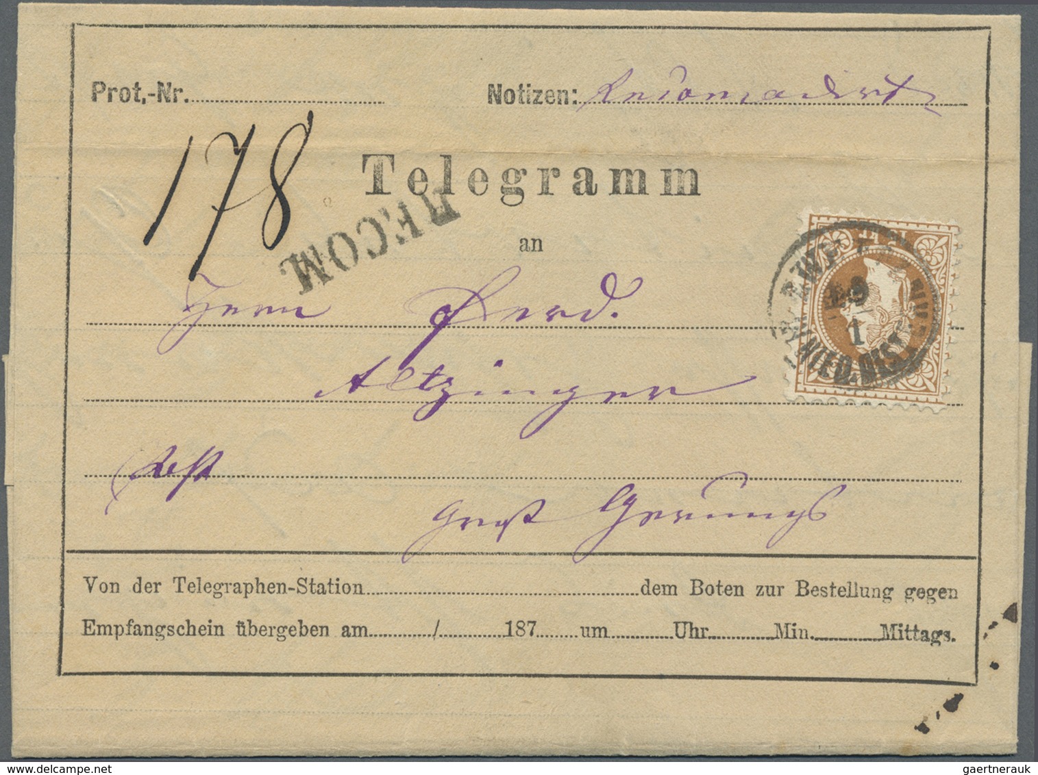 Br Österreich: 1875: EINGESCHRIEBENES TELEGRAMM Zwischen Prag Und Zwettel, Frankiert Mit 'Franz Josef' - Neufs