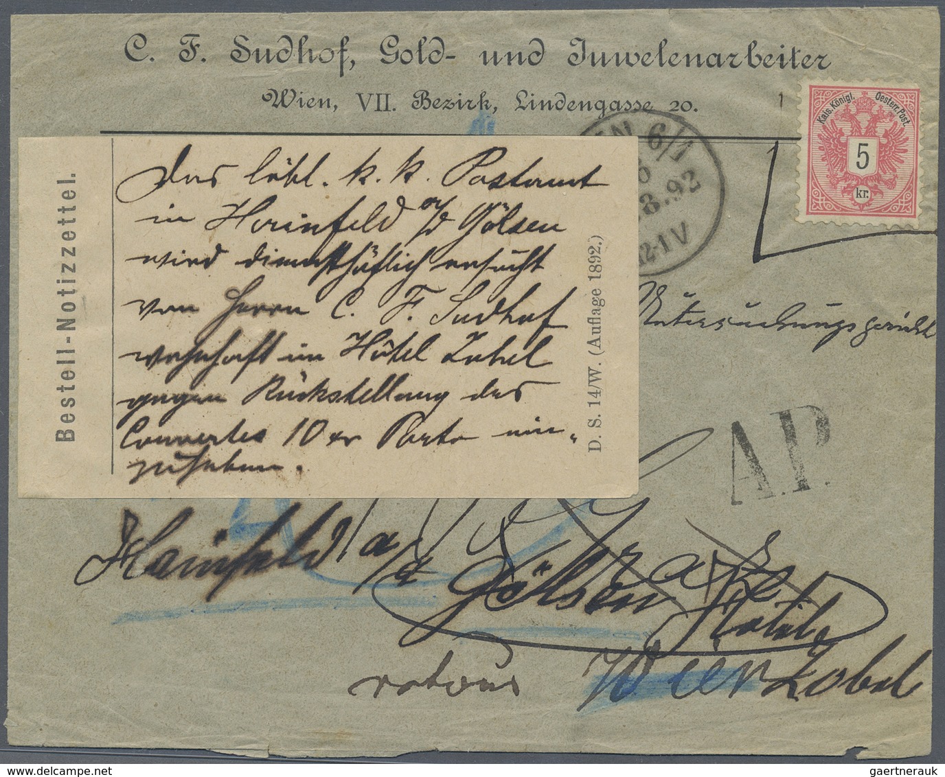 Br Österreich: 1892, 5 Kr Rot/schwarz Auf Brief Außerhalb Der Verwendungszeit Von Wien An Das Landgeric - Neufs