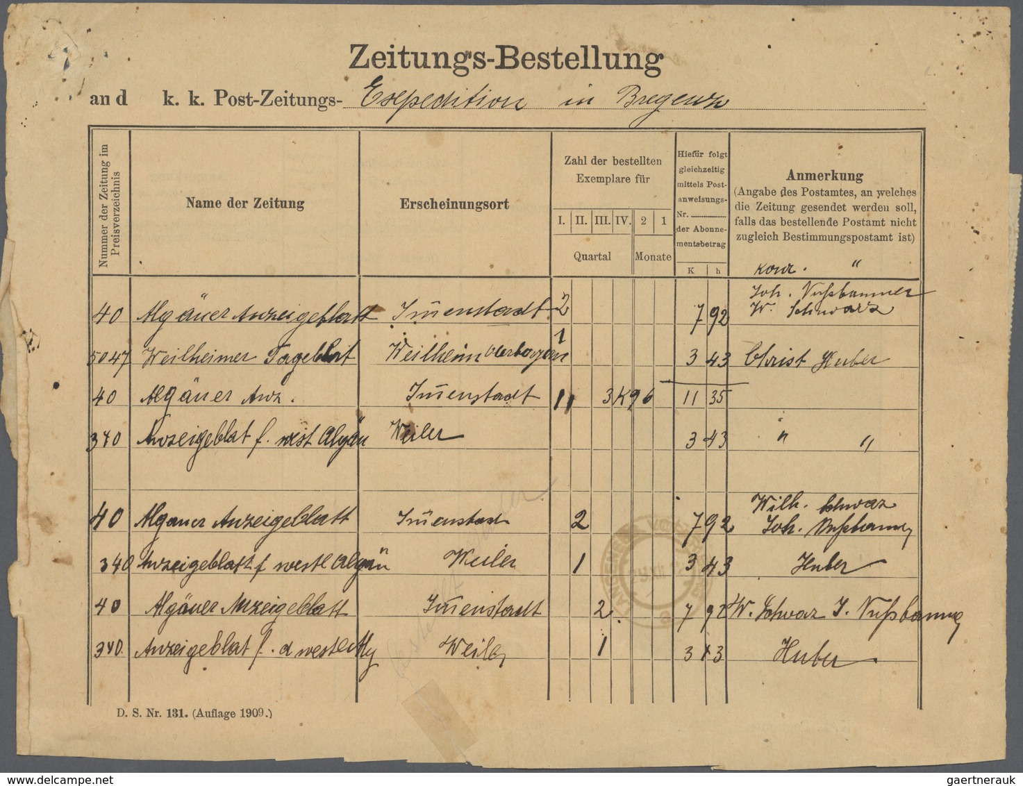 Br Österreich: 1912: "ZEITUNGS-BESTELLUNG" Formular An Die K.K.POST ZEITUNGS EXPEDITION IN BREGENZ Rück - Neufs