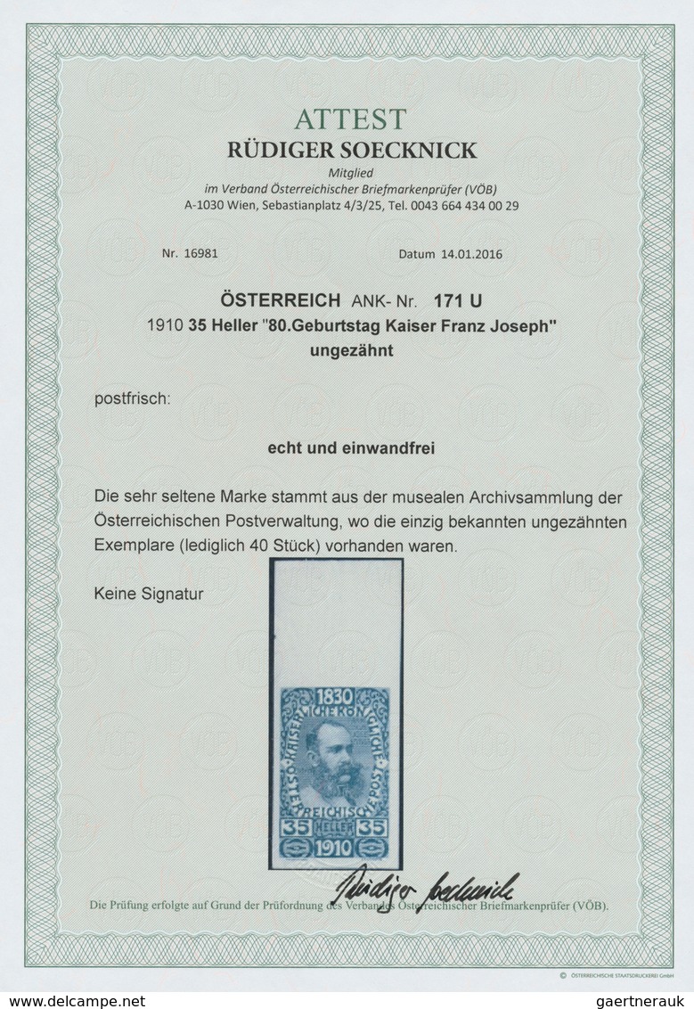 ** Österreich: 1910, 35 Heller "80. Geburtstag Kaiser Franz Joseph" UNGEZÄHNT Mit Oberrand, Postfrisch - Neufs