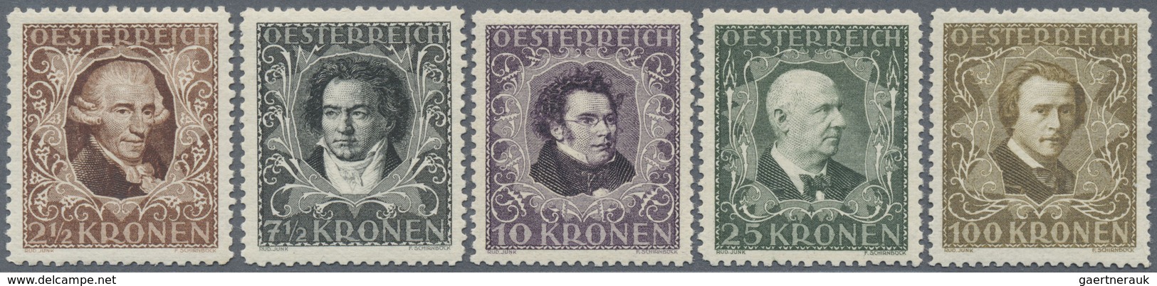 ** Österreich: 1922, 2½ Kr. Bis 100 Kr. Komponisten/Musiker, Alle Fünf Werte Mit Seltener Zähnung L 11½ - Neufs