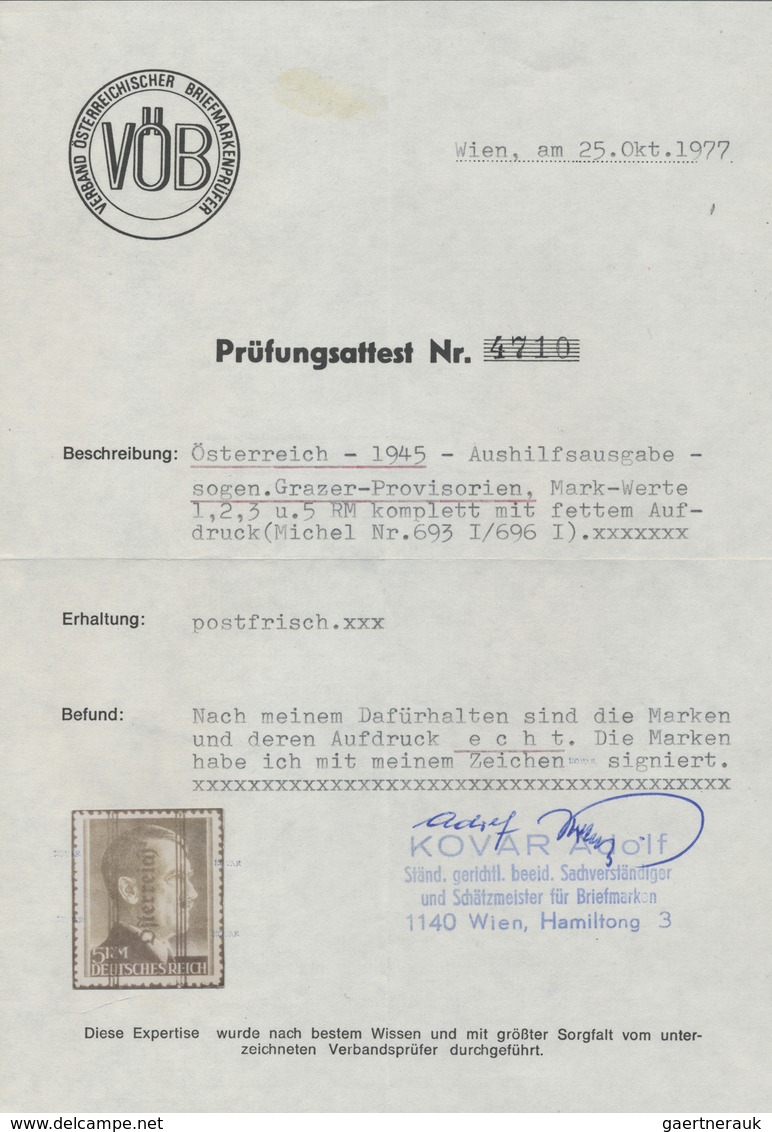 ** Österreich: 1945, Freimarken 1 RM Bis 5 RM Mit Grazer Aufdruck Type I, Signiert Kovar, Für 5 RM Foto - Neufs