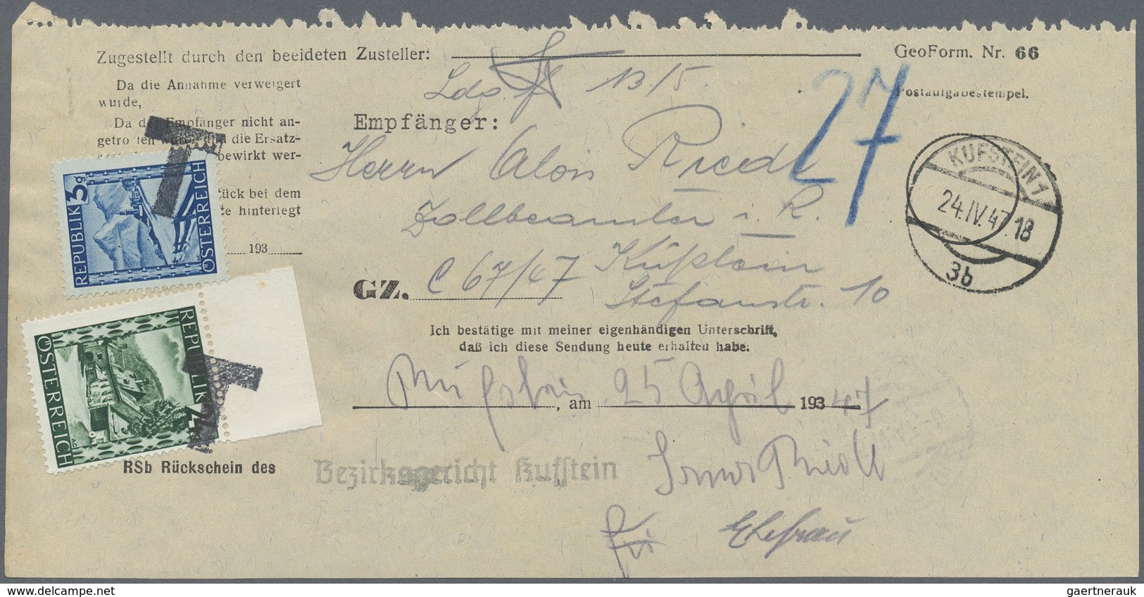 Br Österreich: 1947, Gerichtsrückschein Für Ortsbriefe Aus Kufstein Vom 24.IV.47. Nachgebühr War 12 Gr. - Neufs
