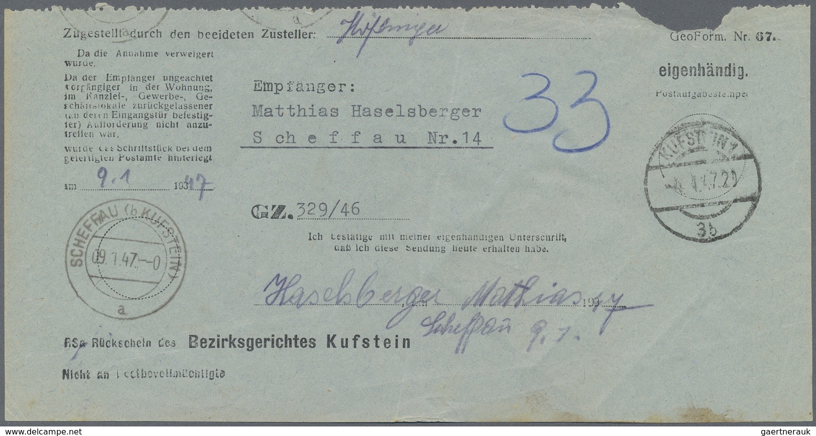 Br Österreich: 1947, Gerichtsrückschein Für Fernbrief Aus Kufstein Nach Scheffau Vom 4.I.47. Gesamtnach - Neufs