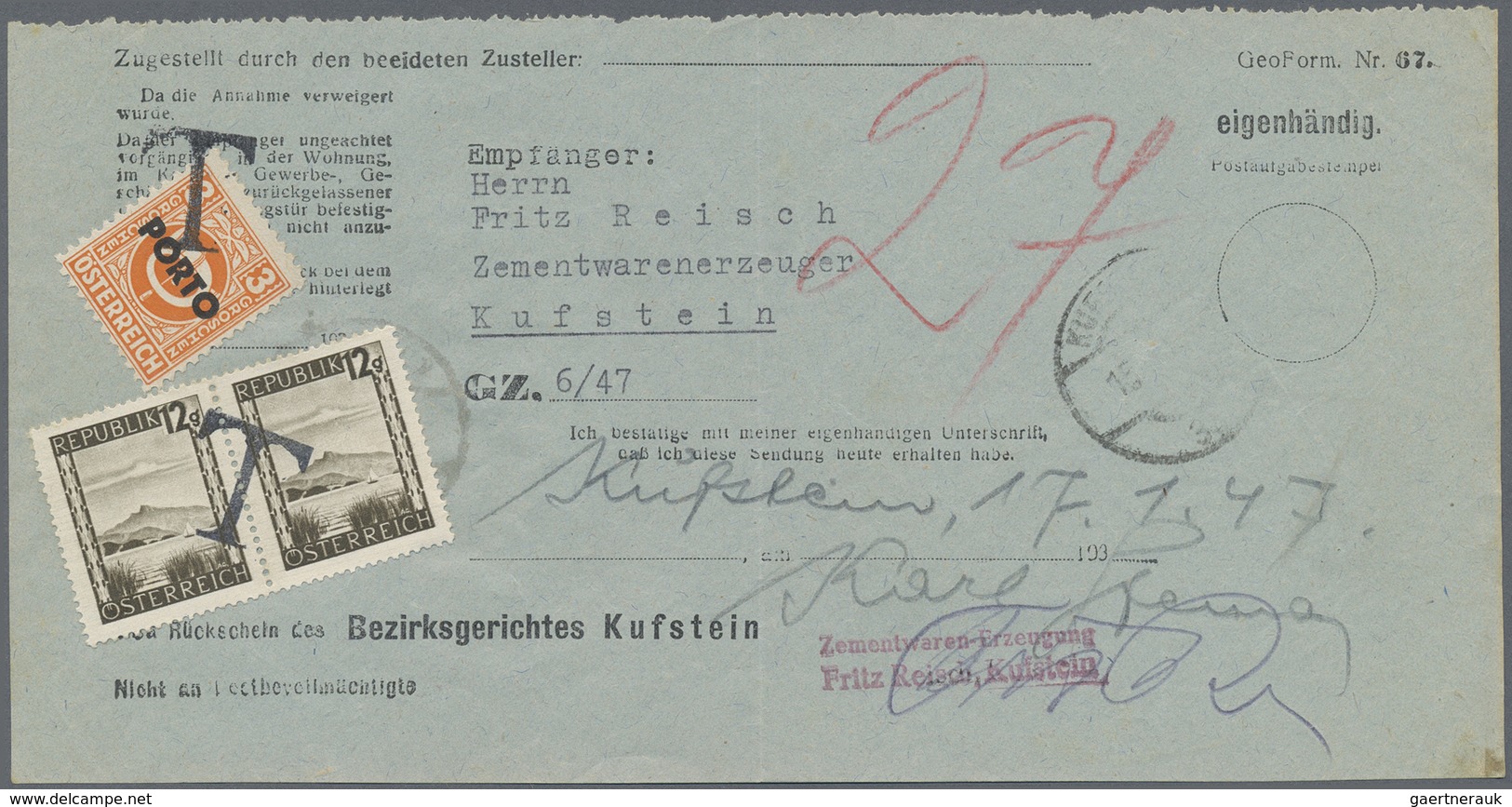 Br Österreich: 1947, Gerichtsrückschein Für Ortsbriefe Aus Kufstein Vom 15.I.47. Nachgebühr War 12 Gr. - Neufs