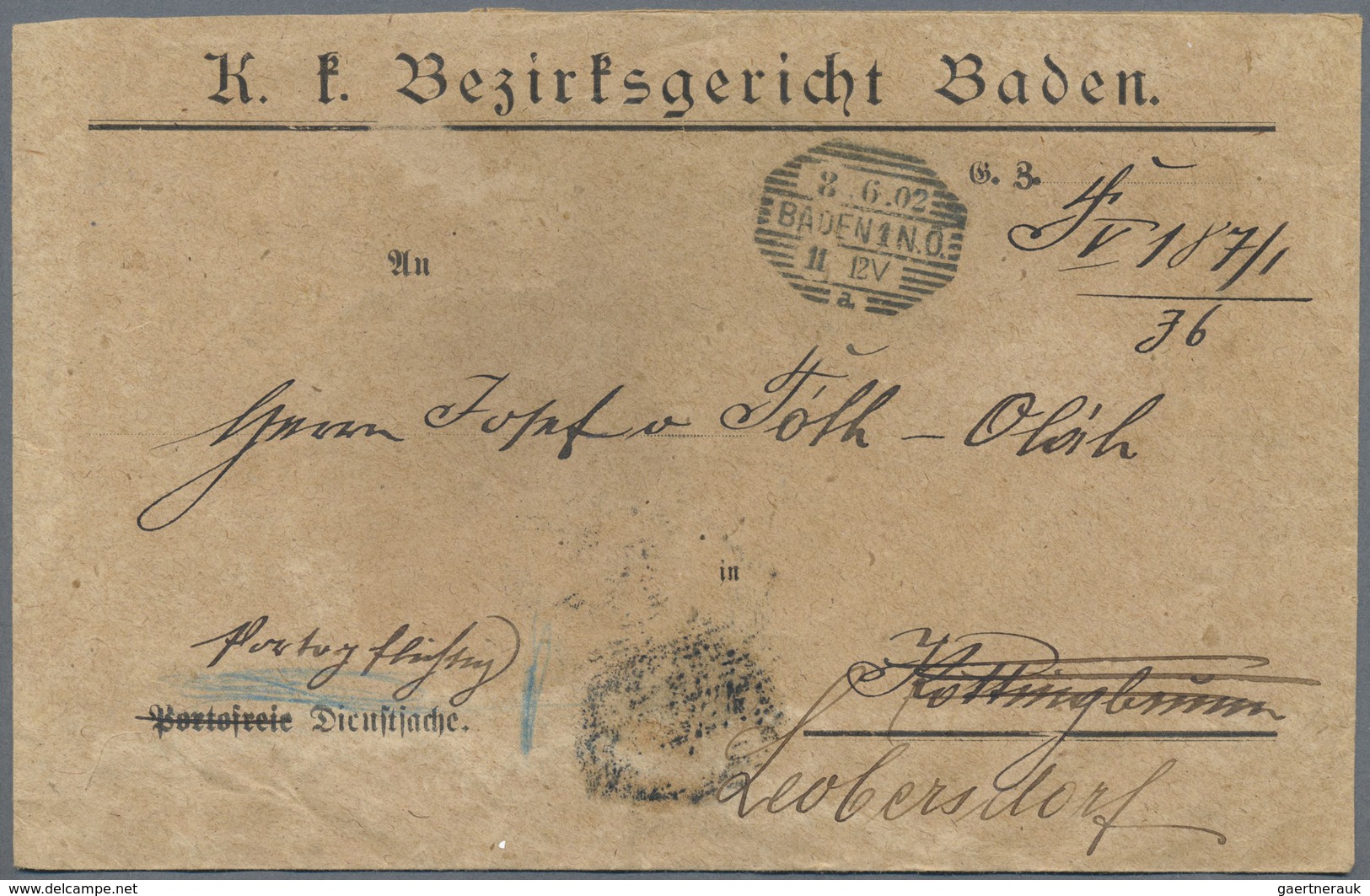 Br Österreich - Portomarken: 1902, Portopflichtiger Gerichtsbrief Von Baden Nach Kottingbrunn, Empfänge - Taxe