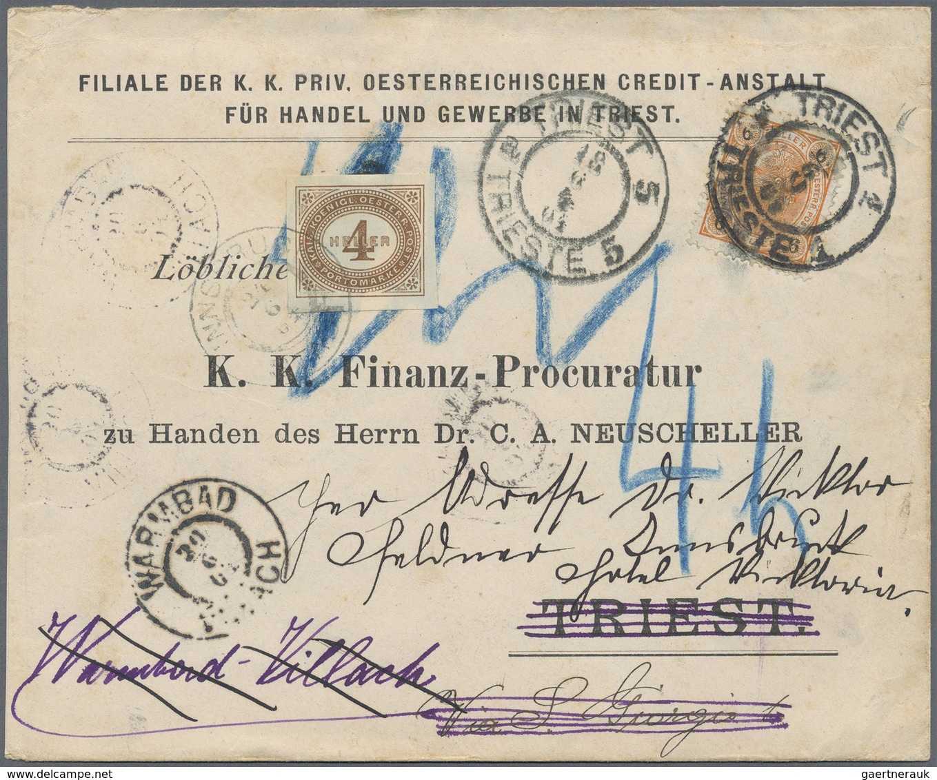 Br Österreich - Portomarken: 1904/1908, Ortsbrief Aus Triest Nicht Zustellbar Und Für Weiterleitung Nac - Taxe