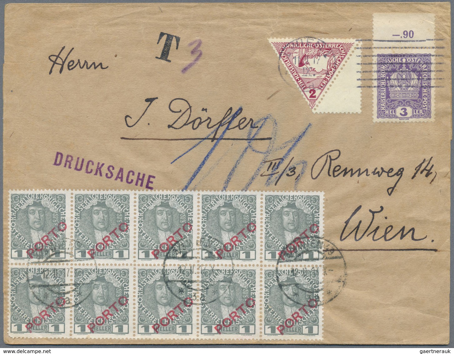 Br Österreich - Portomarken: 1917, Drucksache Der 3. Gewichtsstufe Aus Wien Mit "T 3" Taxstempel Verseh - Taxe