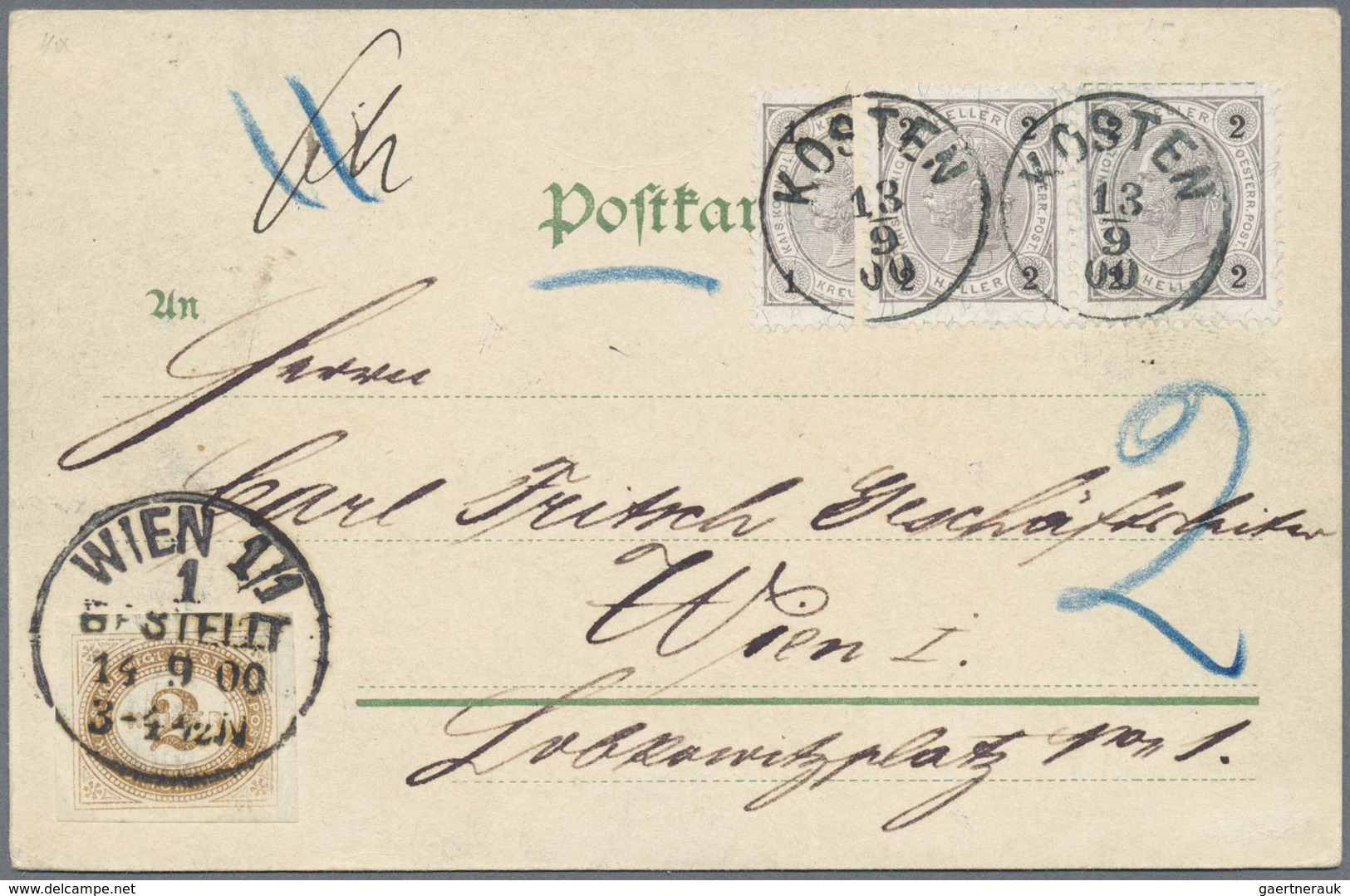 /GA Österreich - Portomarken: 1900, 2 Heller Halbierung Und 2 H Im Paar Auf Ansichtskarte Von Kosten Nac - Taxe