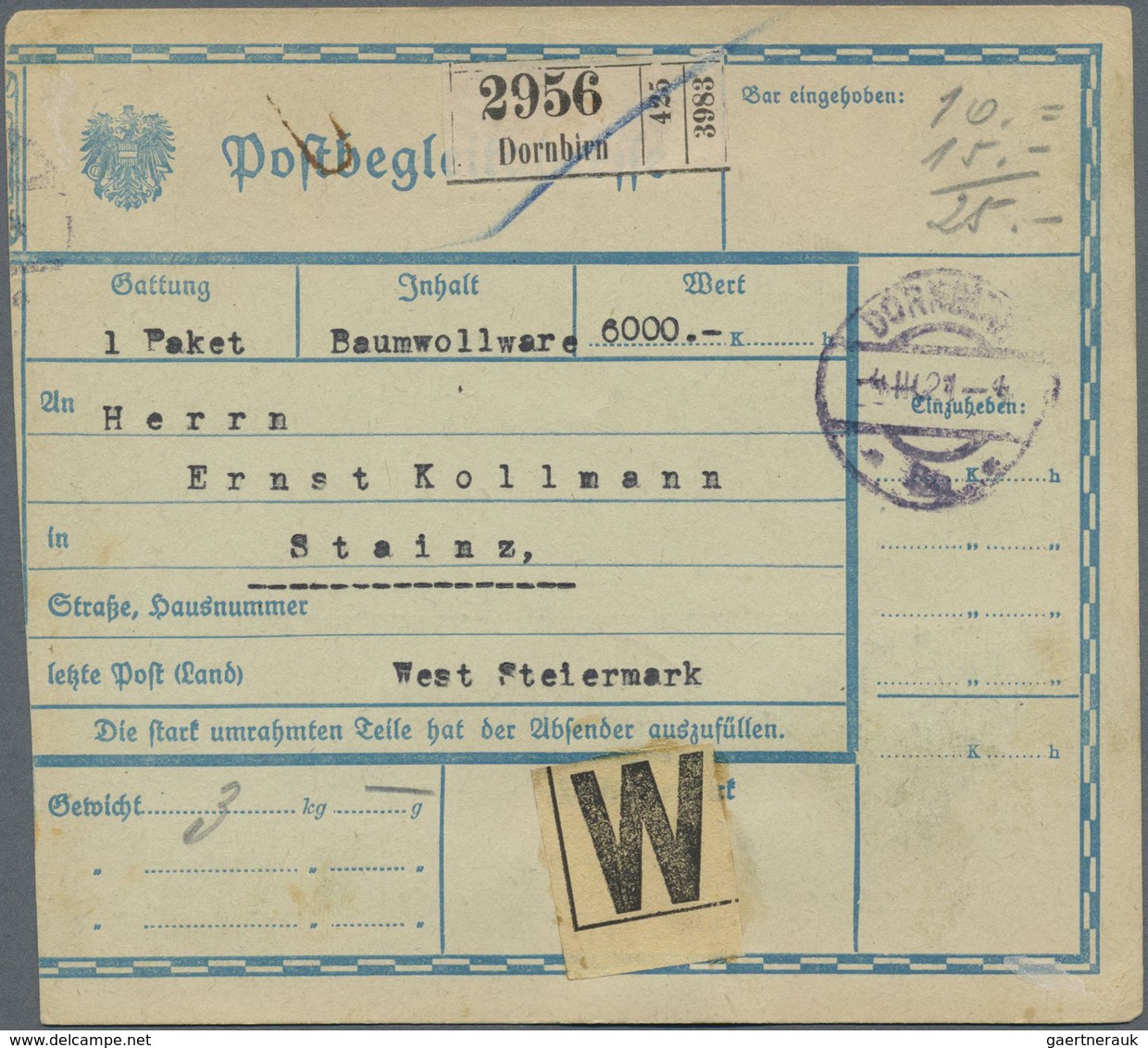 Br Österreich - Portomarken: 1921, 1 Kr. Blau, Postbegleitadresse Von Wien über Ein Paket Nach Stainz. - Strafport