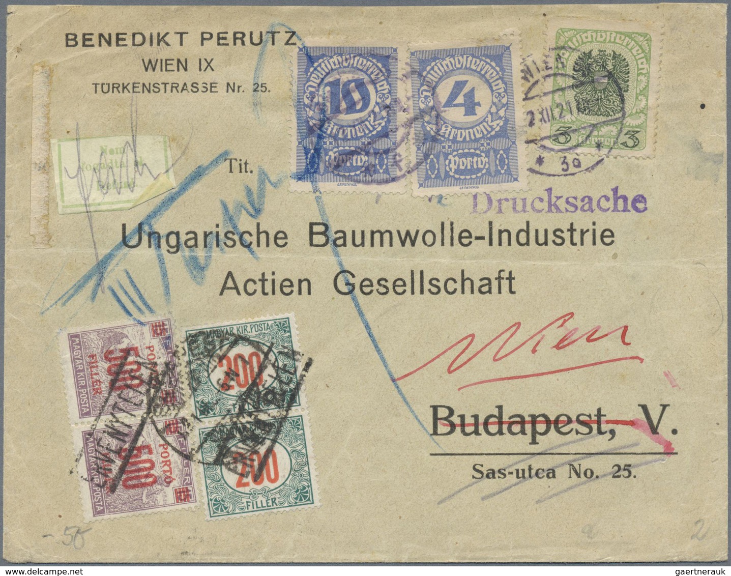 Br Österreich - Portomarken: 1921, Drucksache Der 2. Gewichtsstufe Von Wien Nach Ungarn. Dort Mit 1400 - Taxe