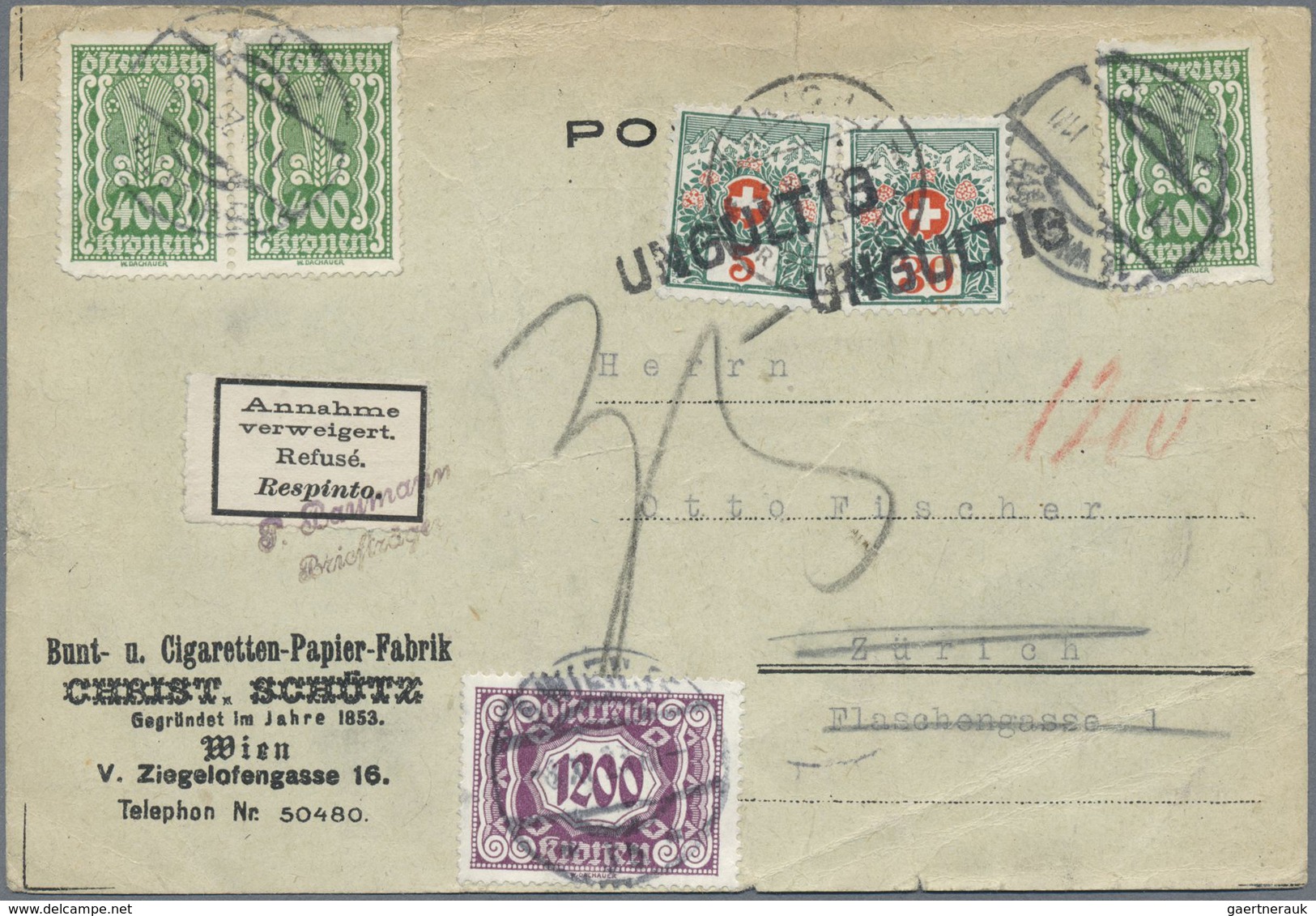 Br Österreich - Portomarken: 1923, Unterfrankierte Auslandskarte In Die Schweiz. Nachporto In Zürich Wa - Strafport