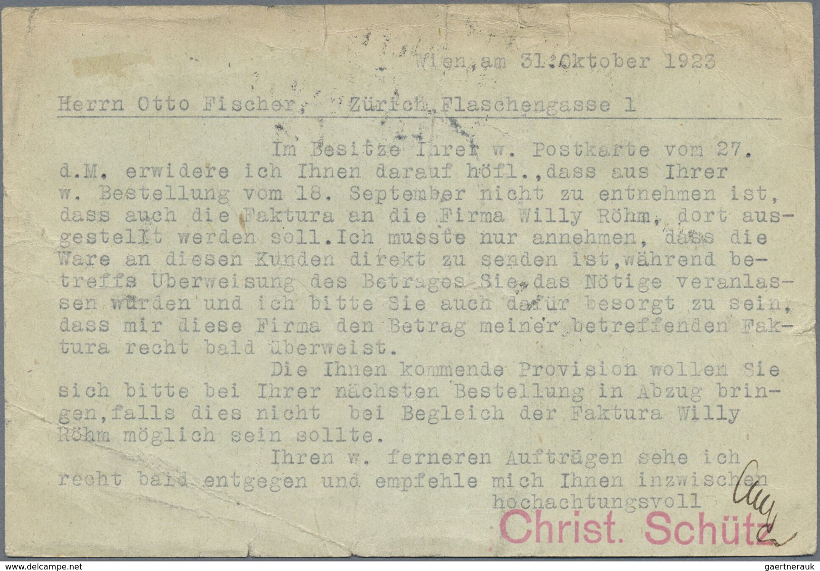 Br Österreich - Portomarken: 1923, Unterfrankierte Auslandskarte In Die Schweiz. Nachporto In Zürich Wa - Taxe