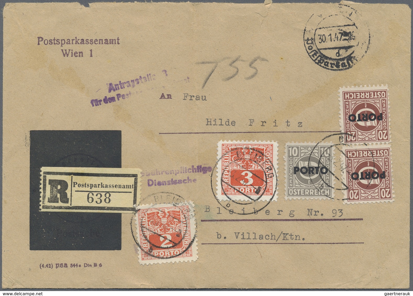 Br Österreich - Portomarken: 1947, Eingeschriebener Amtsbrief Von Wien Nach Bleiberg. Die Empfängerin M - Taxe